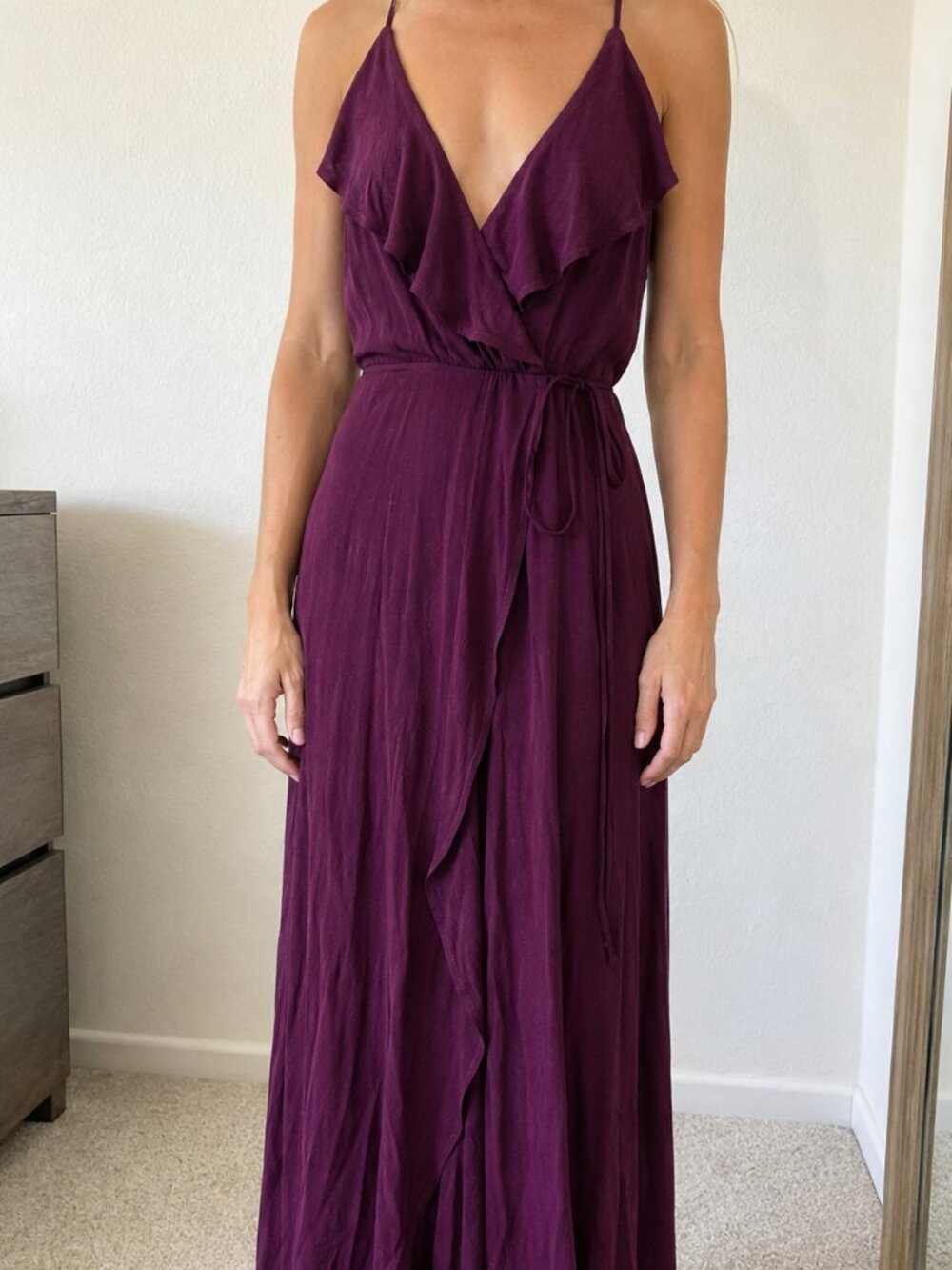 Womens magenta purple dress long maxi bridesmaid gown size XS straps back